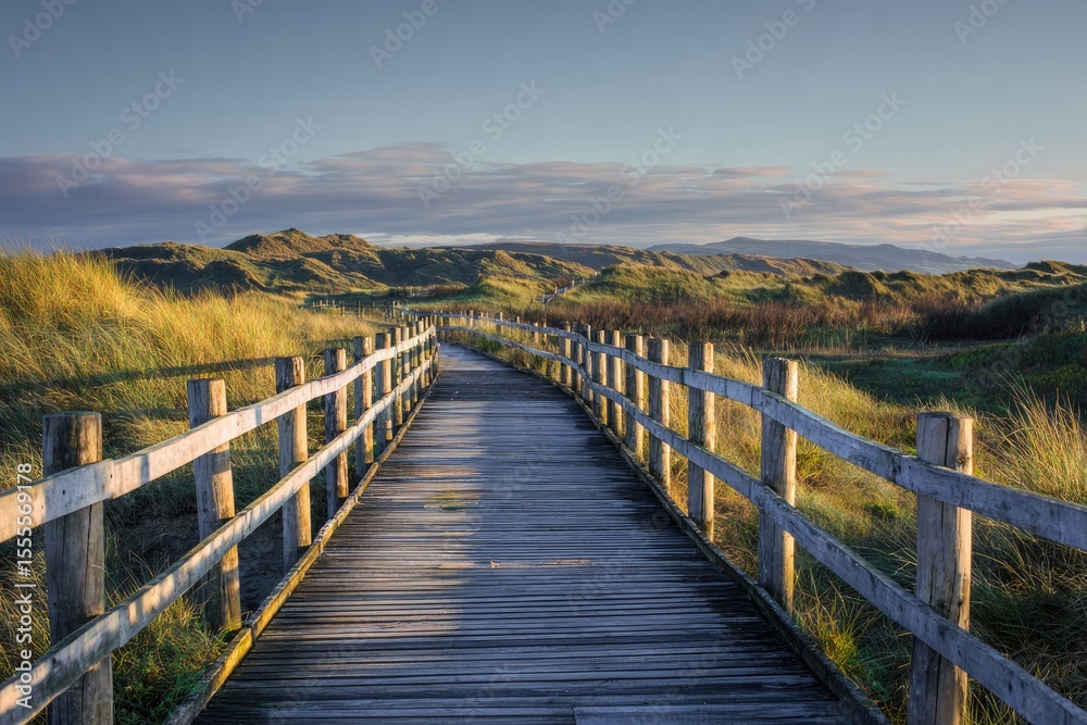Obraz premium Sunrise boardwalk through dunes