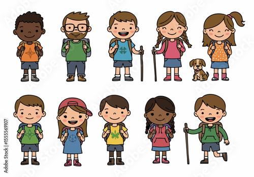 Diverse group of smiling cartoon children and one adult with backpacks, ready for outdoor adventure or hiking.