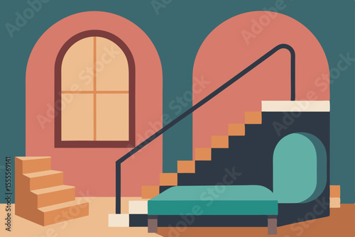 3D rendering of an elegant interior staircase with a red carpet leading to a success-concept office door, illuminated by a window