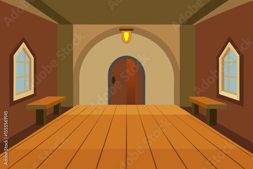 Light fills the new, empty church interior, showcasing its high ceilings, wooden floor, and arched windows