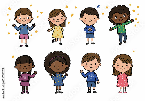 Cute illustration of diverse boys and girls of various ethnicities standing happily surrounded by yellow stars on a white background.
