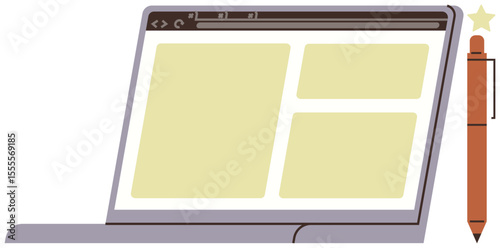 Open laptop displaying structured page design with partitioned sections. Pen resting nearby, complemented by a star accent. Ideal for productivity, planning, web design, education, teamwork