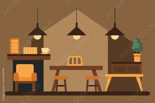 Comfortable wooden furniture design indoors, a vector illustration of a cafe interior with tables, chairs, and wall decor