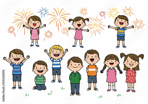 Happy cartoon children watching a fireworks celebration on a white background illustration
