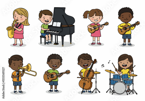 Diverse group of happy children playing various musical instruments in a cartoon illustration style.