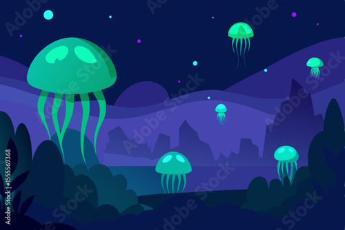Enchanted Night Glowing Jellyfish in a Dreamlike Landscape