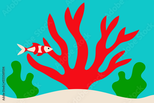 Vibrant Red Coral Reef Illustration Underwater Scene with Fish
