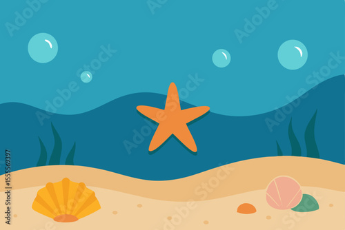 Underwater Ocean Scene Starfish, Seashells, and Sandy Ocean Floor Illustration