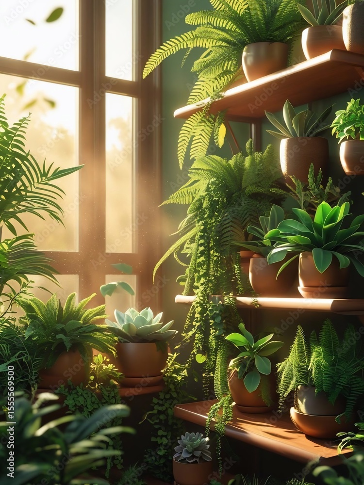 Fototapeta premium A Sunlight Kissed Indoor Garden Home Oasis Abundant Plant Variety Display