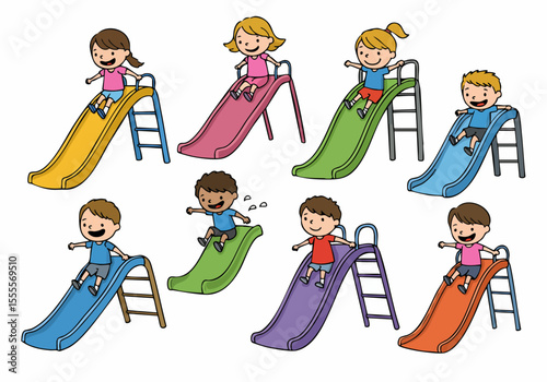 Happy diverse cartoon children sliding down colorful slides at a playground, illustration isolated on white background.