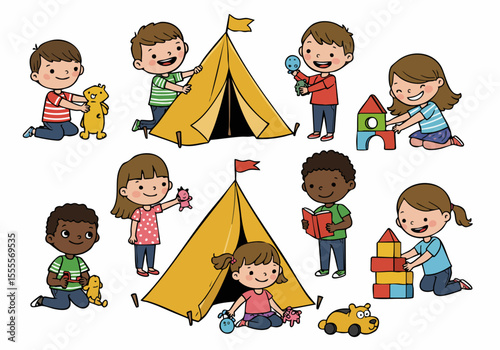 Diverse group of children engaged in various playful activities including building a tent, playing with toys, building blocks, and reading.