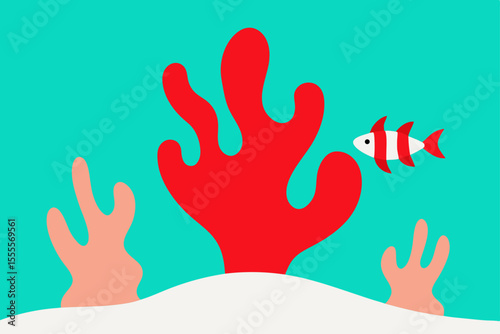 Vibrant Red Coral Reef and Striped Fish An Underwater Scene Illustration
