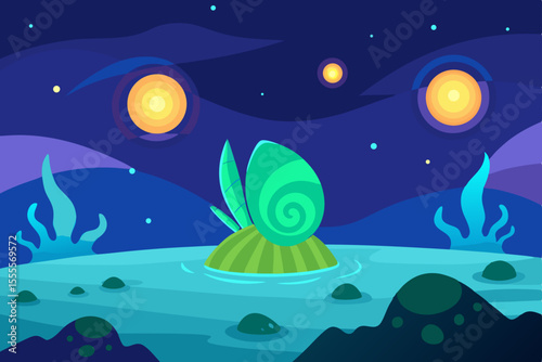 Alien Planet Landscape Night Scene with Glowing Celestial Bodies and Unique Flora
