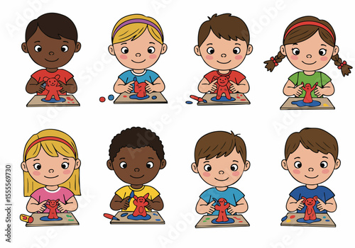 Diverse young children enjoying creative play and sculpting with colorful modeling clay figures.