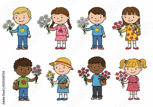 Diverse group of happy cartoon children holding flowers and baskets, isolated vector illustration.