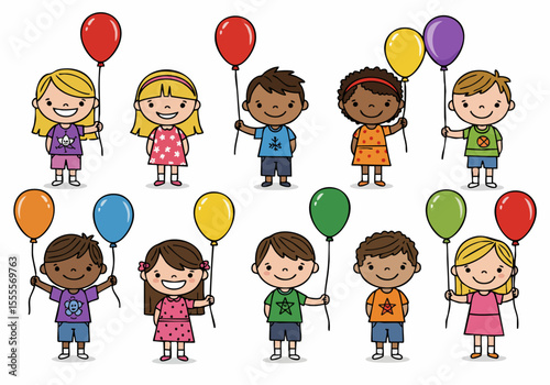 Illustration of diverse happy children holding colorful balloons, depicting childhood fun and celebration.