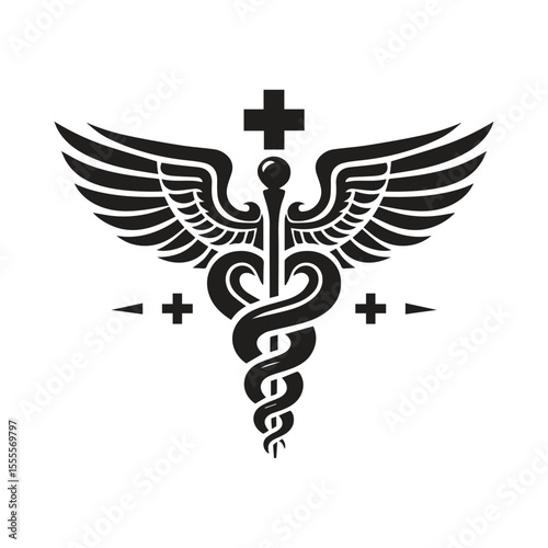 Caduceus Medical Symbol with Wings and Cross Medical Health Symbol