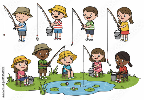 Cartoon illustration featuring a diverse group of happy children enjoying fishing together outdoors at a pond, showcasing a fun and peaceful summer activity.