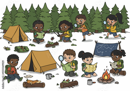 Happy children camp in the woods, exploring bugs, reading maps, roasting marshmallows, and looking at stars for an outdoor adventure.