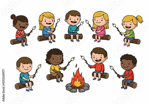 Happy diverse children sit around a campfire roasting marshmallows on logs, enjoying a summer camping activity.