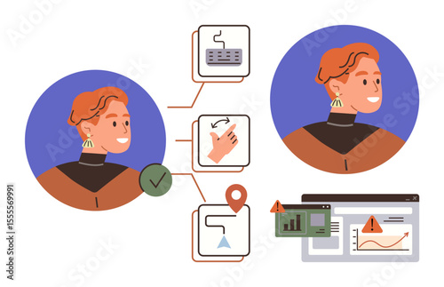 Person interacting with process flow icons, data charts, error alerts, and navigation elements. Ideal for technology, workflow guidance, user experience, interface design, problem solving process