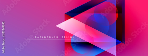 Abstract geometric shapes overlap, creating vibrant color gradients. Purple, blue, pink hues dominate design. Modern aesthetic.