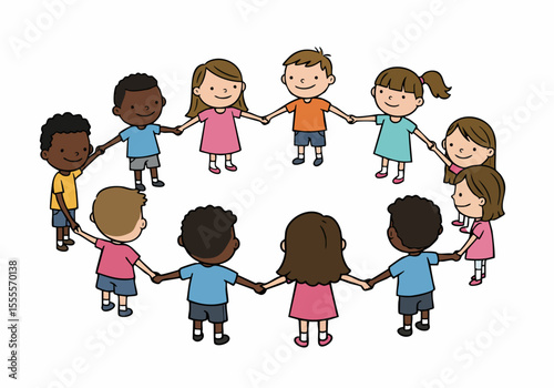 Diverse group of multiracial children standing in a circle holding hands, illustrating unity, friendship, and teamwork in a simple illustration.