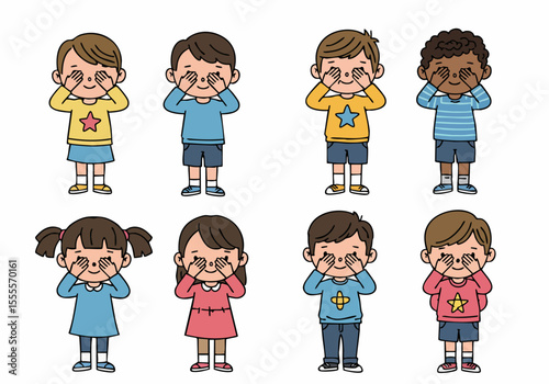 Diverse group of cartoon children covering their eyes with their hands, illustration on a white background.