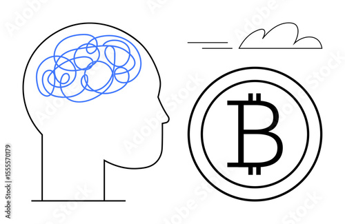 Human head with abstract tangled brain lines facing a bitcoin emblem and minimal cloud detail. Ideal for cryptocurrency, finance, mental health, decision-making, innovation, blockchain, minimalism