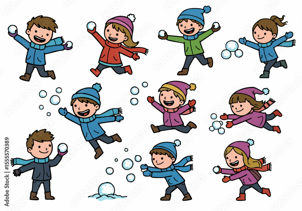 Happy children in winter clothing playing snowball fight in the snow during winter holiday fun, joyful kids playing outdoors. Happy children in winter clothing playing snowball fight in the snow during winter holiday fun, joyful kids playing outdoors.