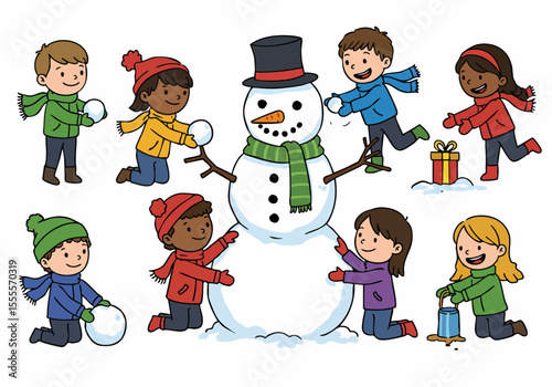 Diverse group of happy children building a snowman together in the snow, celebrating winter fun and friendship.