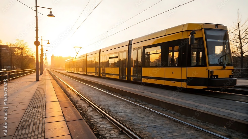 Naklejka premium A modern yellow tram travels along a city street at sunrise