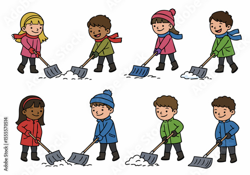 Cartoon illustration of happy, diverse children wearing winter clothes and shoveling snow on a white background, symbolizing winter chores and community help.