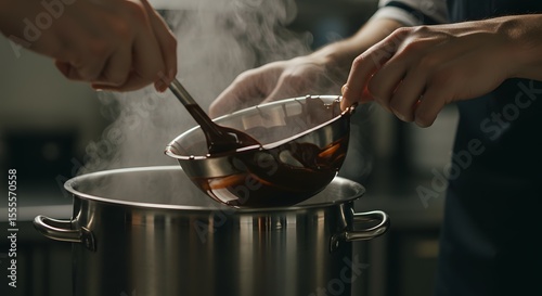 Close-up of Hands Expertly Stirring Rich Sauce or Melted Chocolate in a Double Boiler Over a Steaming Pot for Precise Culinary Preparation