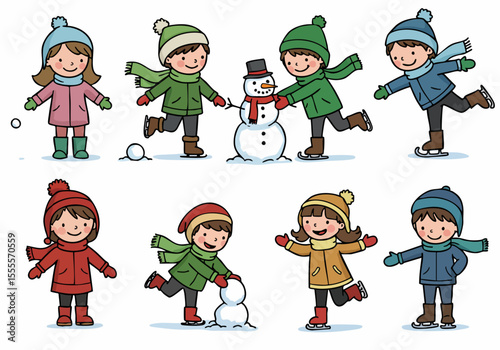 Cheerful cartoon illustration set of children playing in the snow, ice skating and building snowmen in winter.