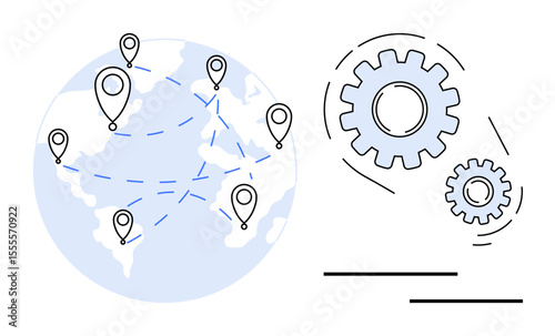 Globe with location markers and dashed connection lines, alongside interlocking gears symbolizing process and collaboration. Ideal for logistics, global business, innovation, strategy, efficiency