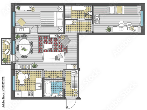 Three-room apartment in top view. Floor plan with furniture placement. The interior design project. Architectural plan of russian standard khrushchevka. Home with kitchen and bedroom. Vector