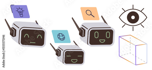 Robots with screens and emotive faces display icons for ideas, search, and connectivity. Features an eye and a 3D cube. Ideal for AI, innovation, technology, research, creativity exploration simple