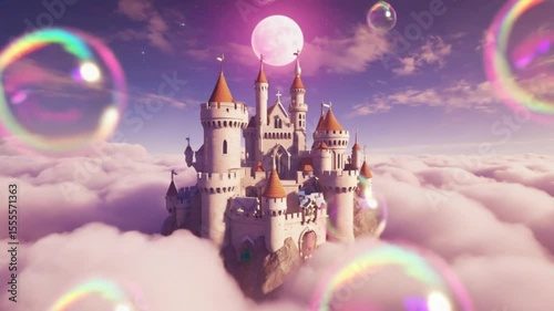 dreamy castle cloud fantasy with floating cloud castle and magical castle bubbles in pink castle sky, romantic fantasy architecture in storybook world, floating palace in dreamy pink sky
