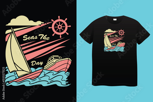 Nautical sailing club t-shirt vector print. Vessel stockless anchor with rope in shackle ring illustration and typography. Sailing club member, sailor or seafarer clothing print design mockup 