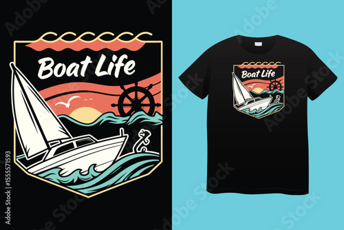Nautical sailing club t-shirt vector print. Vessel stockless anchor with rope in shackle ring illustration and typography. Sailing club member, sailor or seafarer clothing print design mockup 