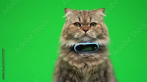 Cat wearing a high-tech collar against a bright green background, showcasing modern pet accessories