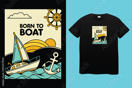 Nautical sailing club t-shirt vector print. Vessel stockless anchor with rope in shackle ring illustration and typography. Sailing club member, sailor or seafarer clothing print design mockup 