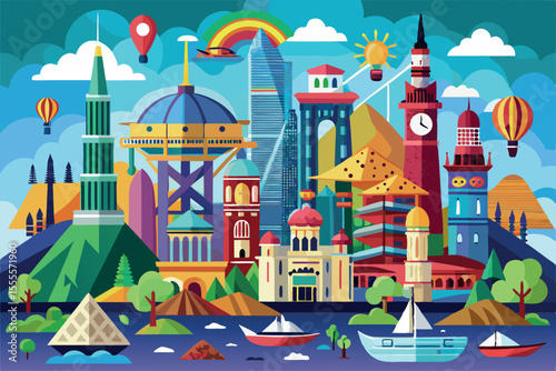 Colorful cityscape with famous landmarks and hot air balloons creating a vibrant atmosphere of adventure and exploration