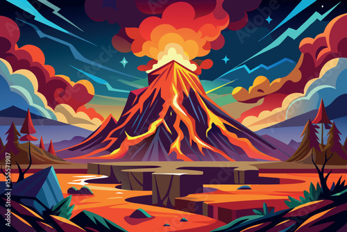 Fiery eruption of a volcano at sunset with dramatic colors lighting the sky above the landscape
