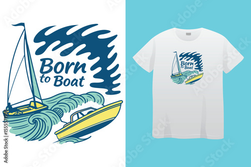 Nautical sailing club t-shirt vector print. Vessel stockless anchor with rope in shackle ring illustration and typography. Sailing club member, sailor or seafarer clothing print design mockup 