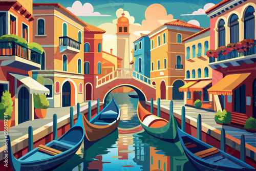 Colorful canals and boats in a picturesque Italian village during a bright day