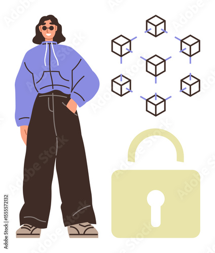 Woman in casual attire stands beside interconnected cubes symbolizing blockchain and a padlock representing cybersecurity. Ideal for technology, blockchain, security, innovation, privacy