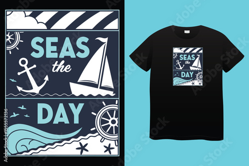 Nautical sailing club t-shirt vector print. Vessel stockless anchor with rope in shackle ring illustration and typography. Sailing club member, sailor or seafarer clothing print design mockup 