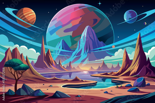 Colorful alien landscape with mountains, water, and distant planets in the night sky